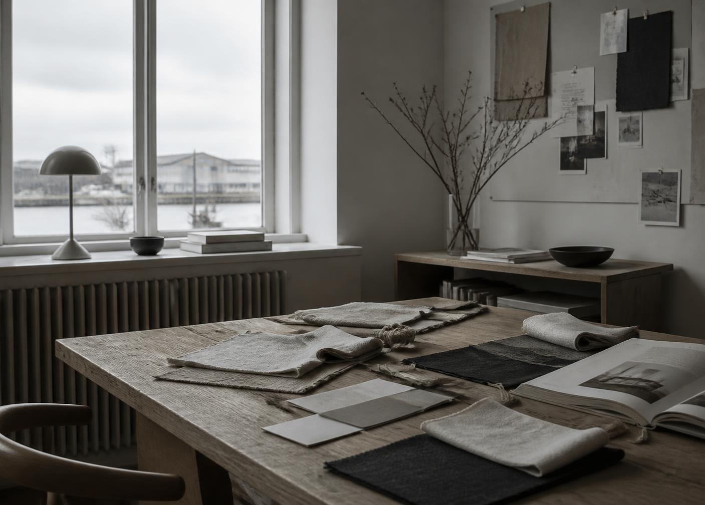 Fabric swatches on a wooden table in a Norwegian studio